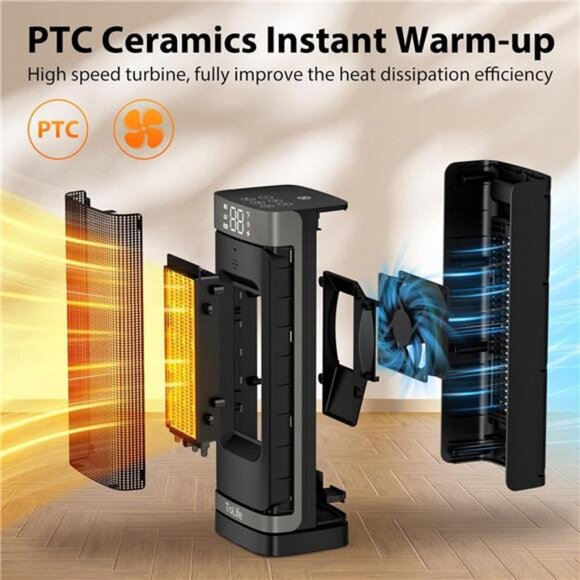 Space Heater Indoor with Thermostat, 16 inch PTC Electric Heater, 60°Oscillating - Picture 4 of 6